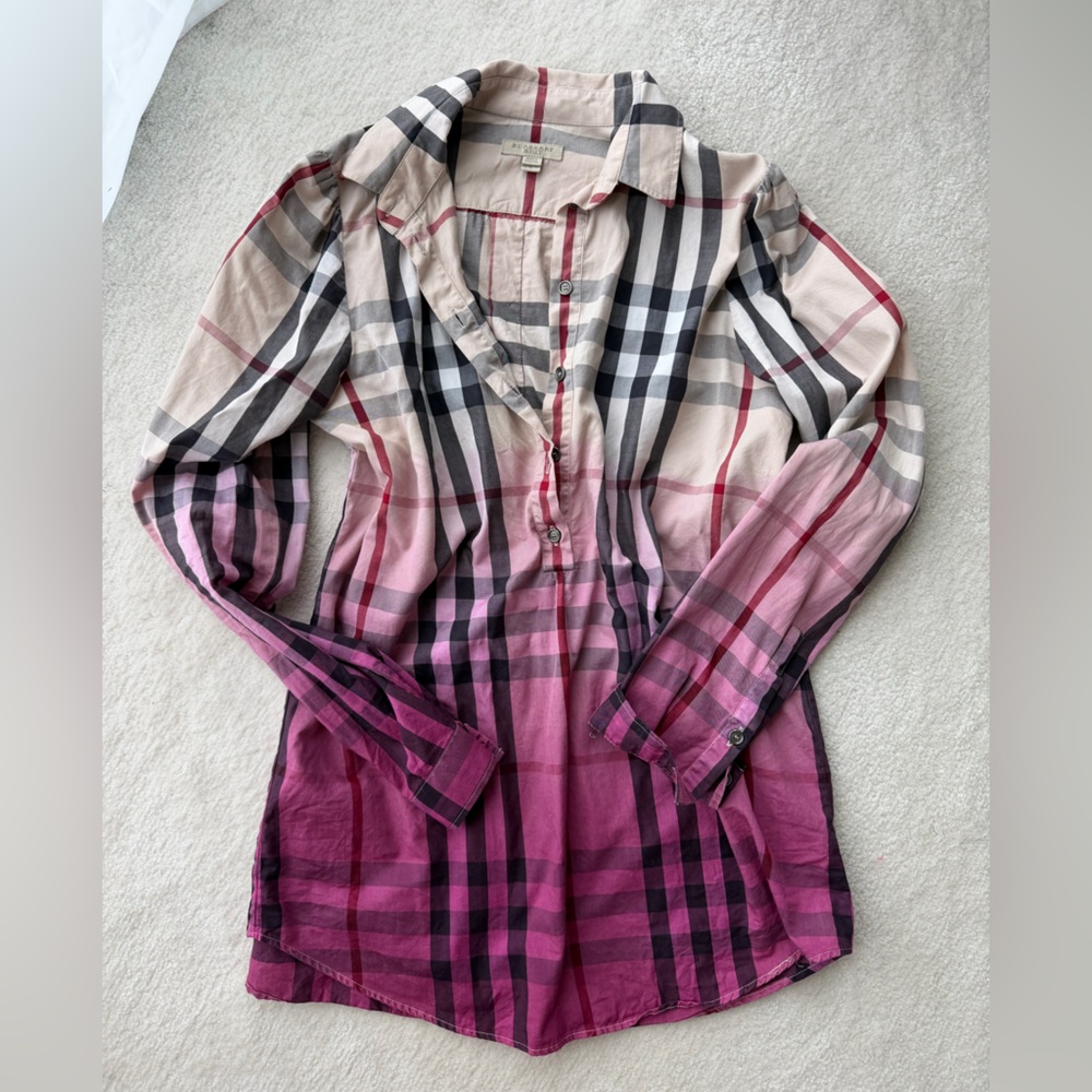 Burberry Plaid Button-Up Shirt in Ombré Purple, Pink and Beige